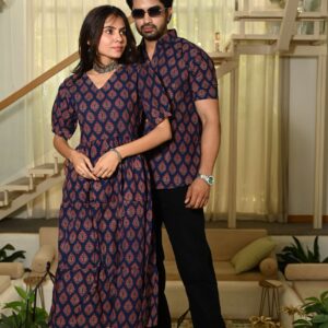 Couple Matching Navy Blue Cotton Anarkali Midi Dress and Shirt Set ? Red Hand Block Print